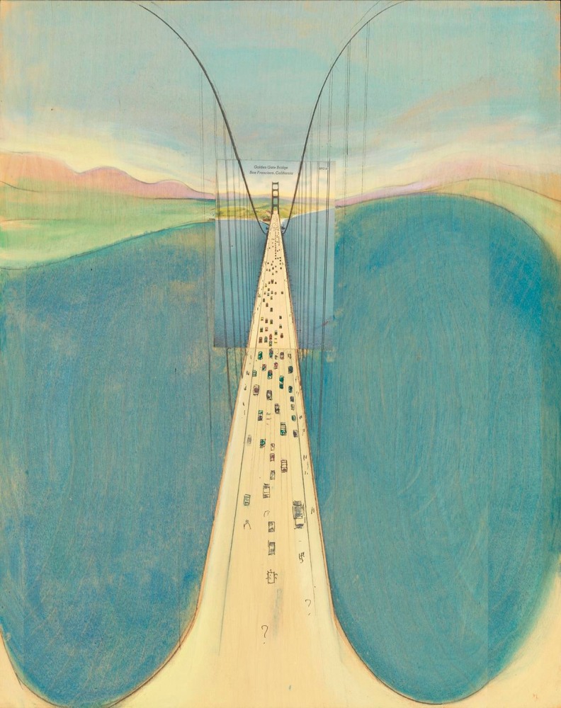 William Wegman
Bridge in Question, 2012
oil, ink, graphite and postcard on wood panel
20 1/2 x 16 1/4 inches (52 x 41 cm)
SW 16049
Private Collection