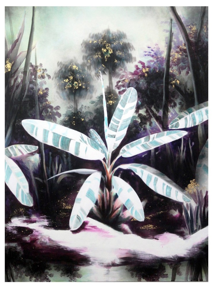 Muted artwork with large light blue banana leaves in foreground and trees with gold foil in background