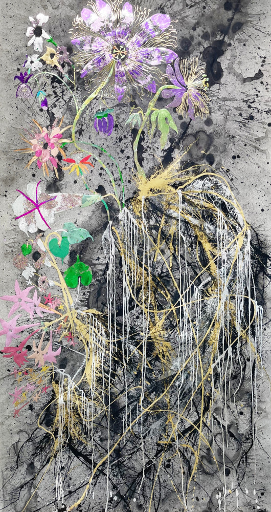 Plants by the Moon, 2024

Gold leaf, silver leaf, colored silver, and ink on scroll paper

96h x 52w in