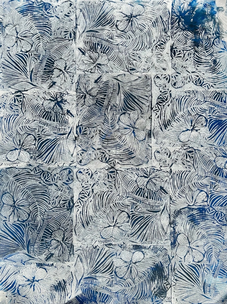 Plantas las que me est&amp;aacute;n formando (Old Blue), 2024

Acrylic, fabric, and block printing ink on paper

18h x 24w in

Edition of 6