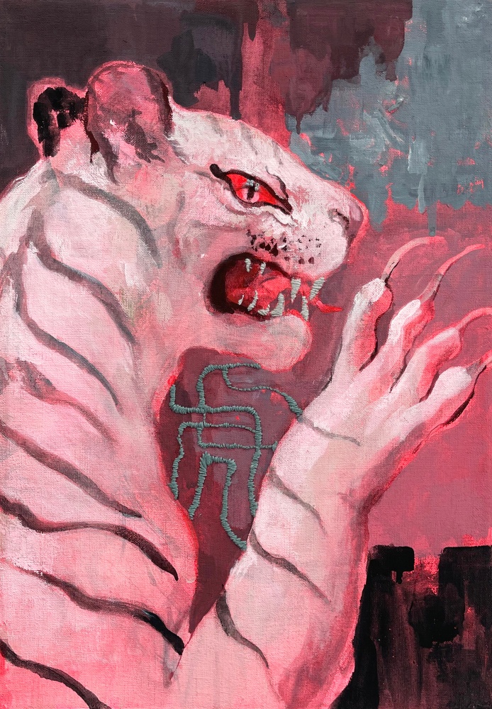 White Tiger, 2024

Acrylic, embroidery, and beading on canvas

16h x 11w in