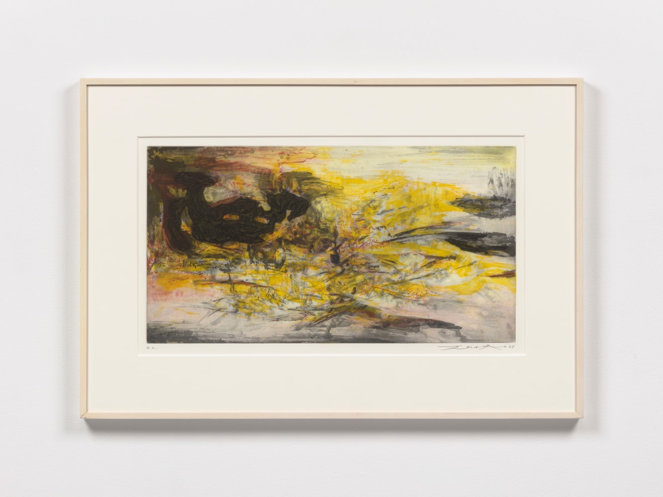A gestural yellow colored Zao Wou-Ki etching with aquatint feautring dark spots and figures