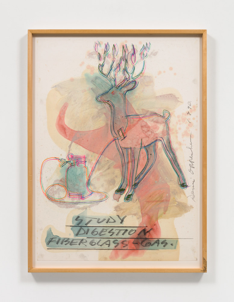 Dennis Oppenheim work sketching deer overlaid with abstract strokes of blue and red hues.