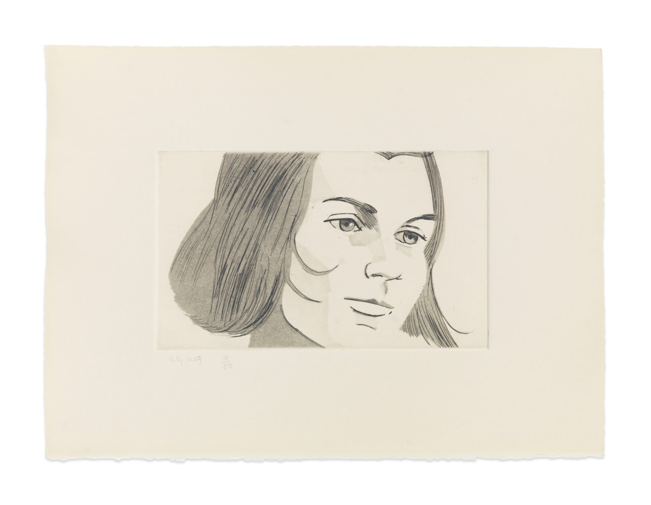 Aquatint by Alex Katz of a portrait a woman at 3/4 view with chin length hair and her head slightly tilted