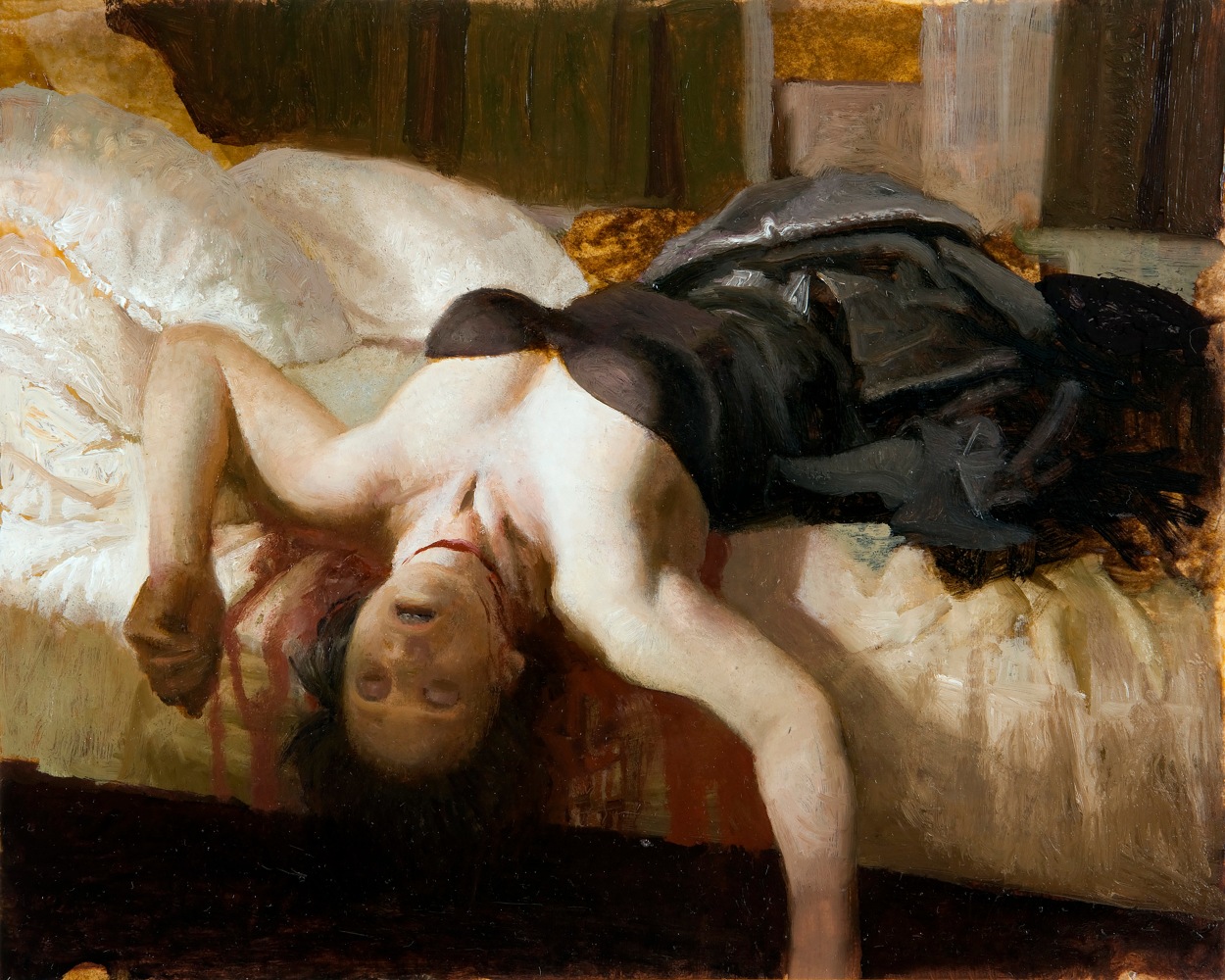 Oil painting of woman lying on edge of bed with throat slit.