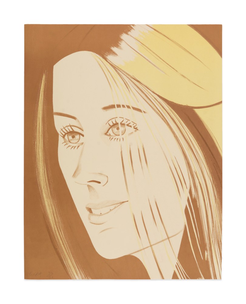 Lithograph by Alex Katz of a portrait of a woman at 3/4 view using brown tones against a brown background and featuring blonde highlights in her hair