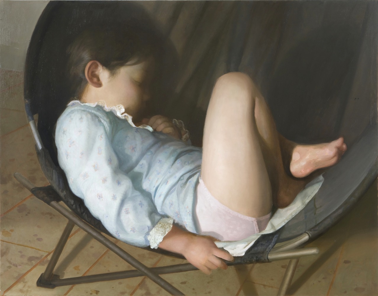 Oil painting of young child asleep in round chair.