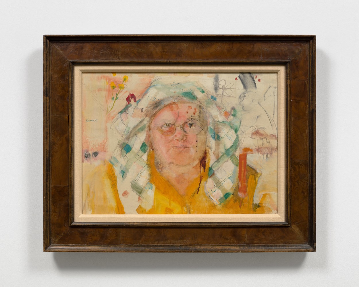 Framed oil on canvas work by Larry Rivers featuring the head of woman in a yellow shirt with a green checkered scarf around her head