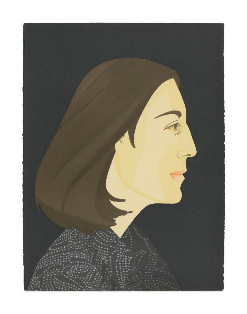 Color silkscreen with lithograph portrait by Alex Katz featuring the profile view of a woman with brown shoulder length hair and wearing a black and grey speckled top against a navy blue background
