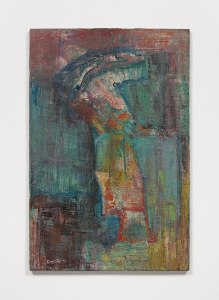 Abstract oil painting depicting a walking figure with hues of blue and red.