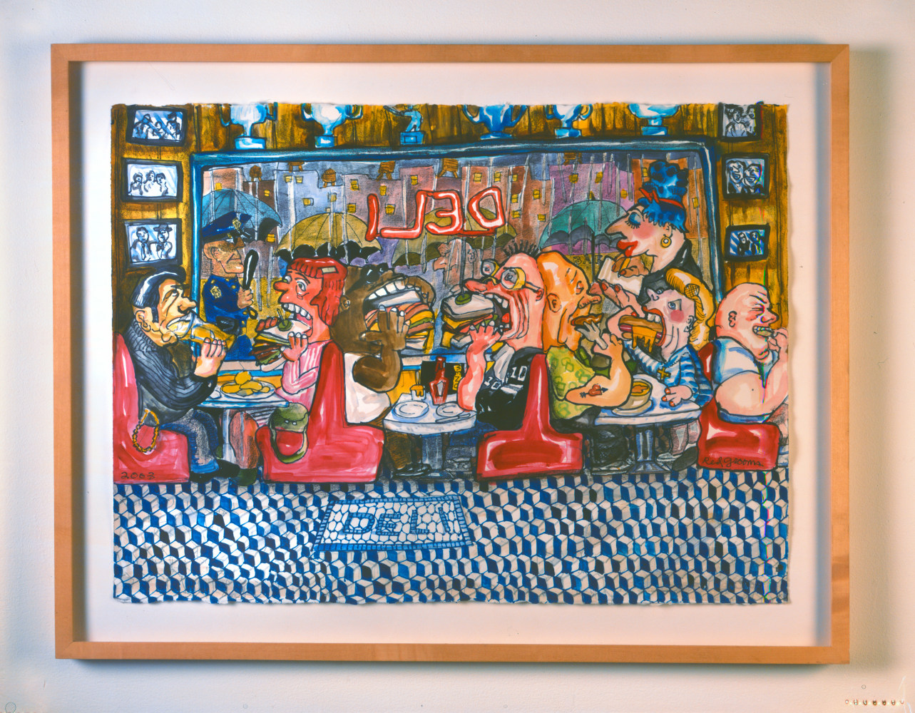 An artwork by Red Grooms depicting exaggerated depictions of customers eating sandwiches at a deli.
