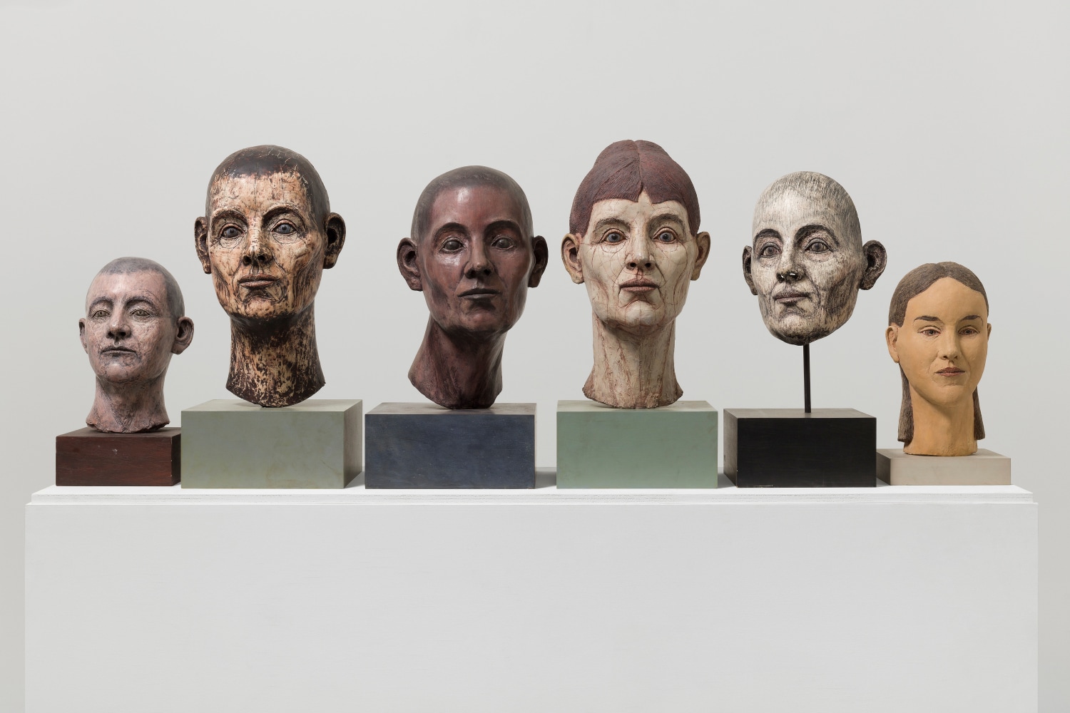 Group of six different sculptural heads ranging in size, gender and color