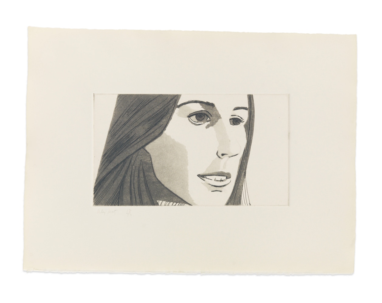 Aquatint by Alex Katz of a portrait of a woman at 3/4 view featuring her mouth slightly open and showing her top teeth