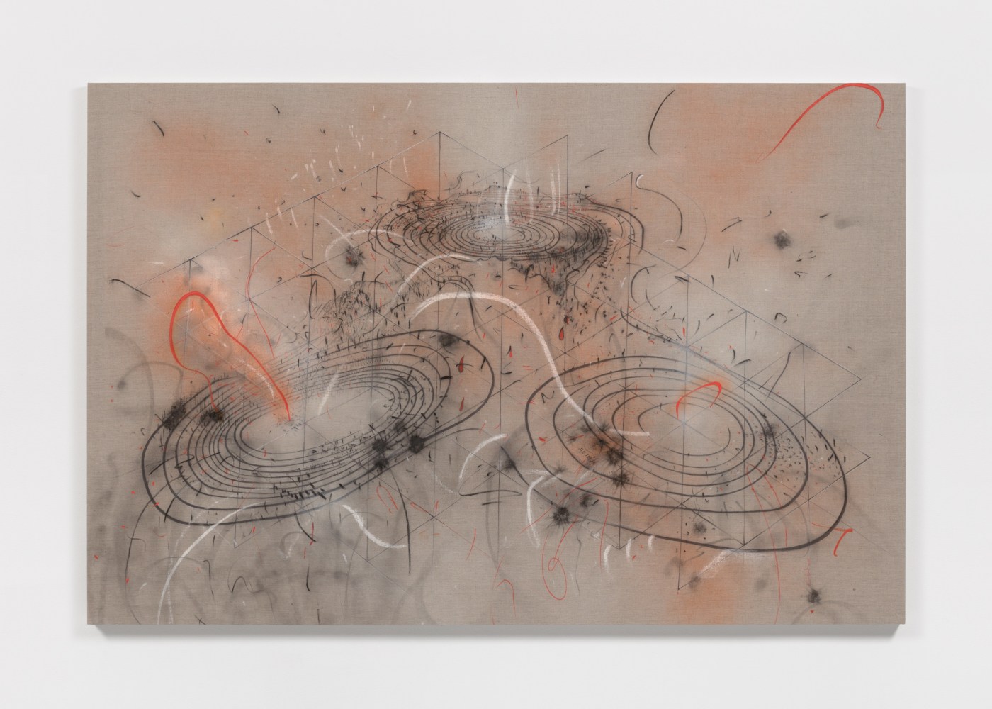 Triple Isorithm: February 24, 2022, 2022

acrylic, spray paint, soot, and dry pigment on linen

61 1/2&amp;nbsp;&amp;times; 93 in. / 156.2&amp;nbsp;&amp;times; 236.2 cm
