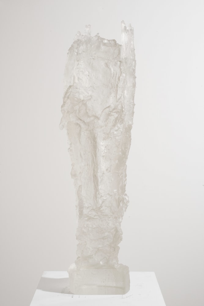 Cylindrical cast glass sculpture with rectangular base by Michele Oka Doner.