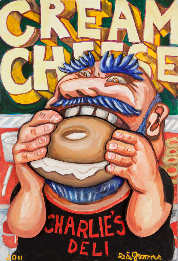 A Red Grooms style portrait of a man with blue hair eating a bagel.