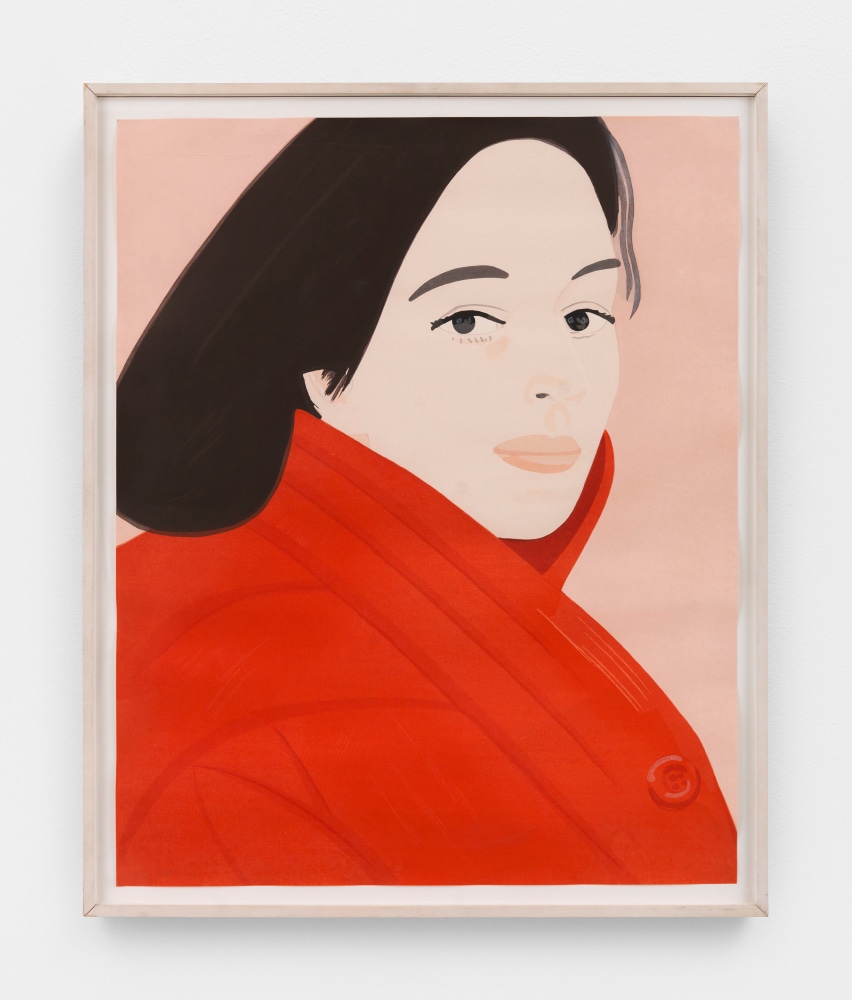 Framed color silkscreen of a woman with black hair and wearing a red jacket featuring her button against a pink background