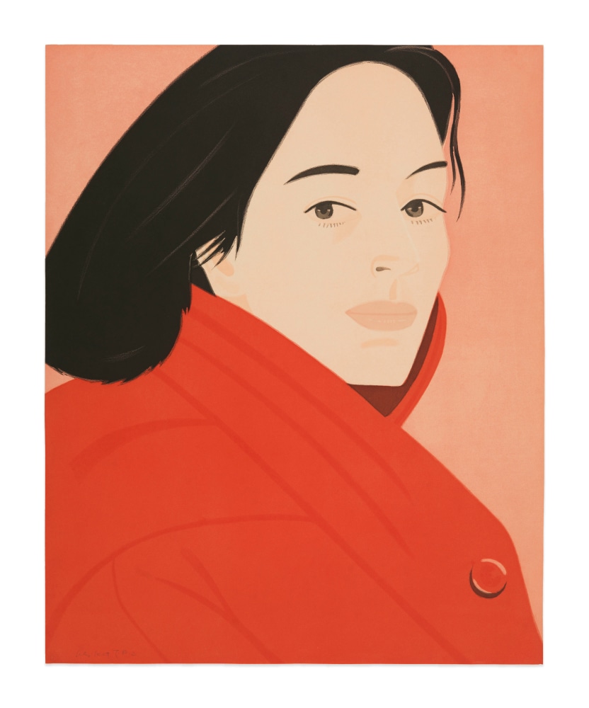 Color aquatint by Alex Katz featuring the portrait of a woman with black hair wearing red jacket against a pink background