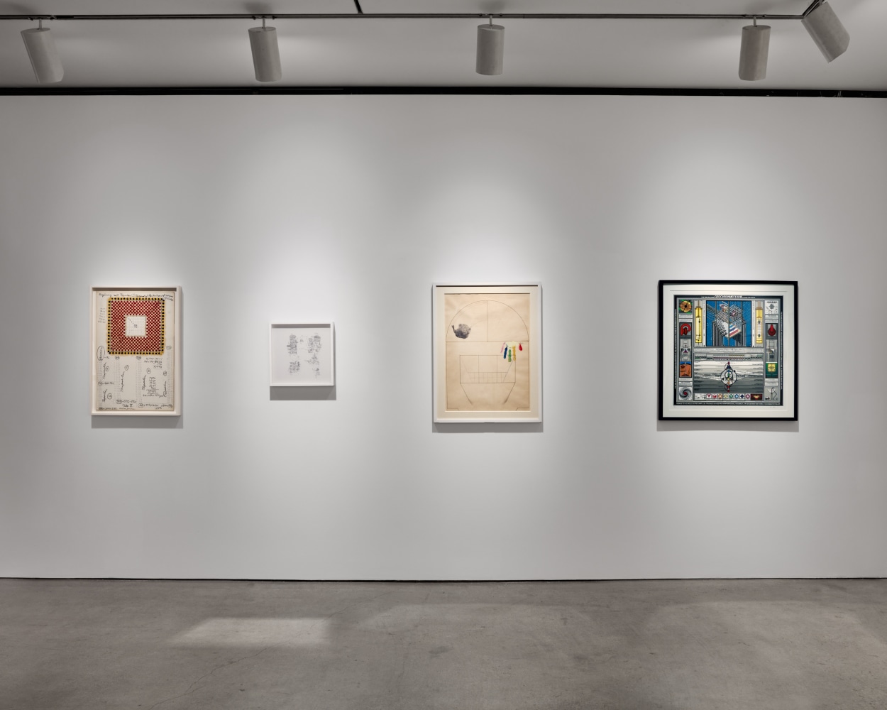 Installation view of &quot;Schema World as Diagram&quot; featuring four prints on a gray wall.