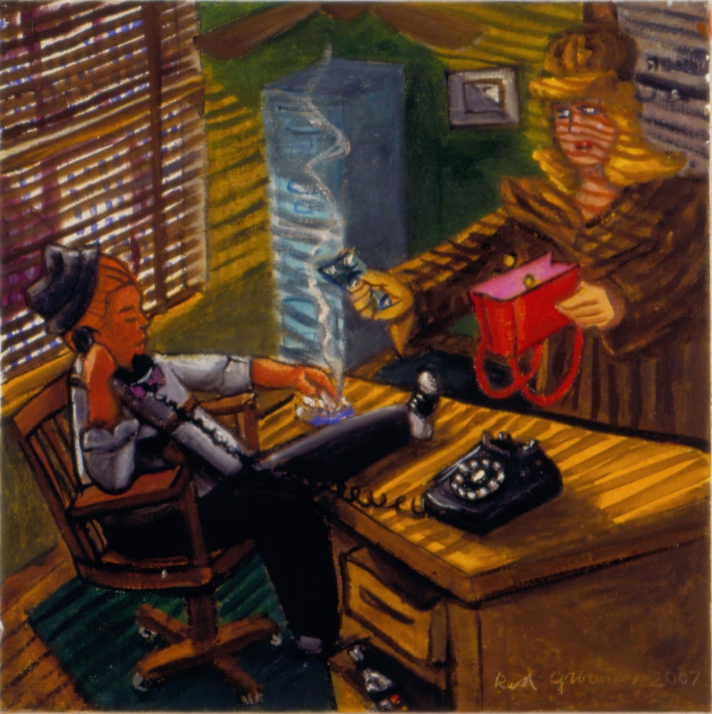 Painting of a woman in a fur coat giving money to a man sitting down behind a desk