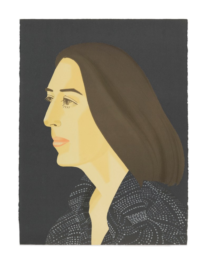 Color silkscreen with lithograph by Alex Katz featuring a 1/4 profile view of a woman with brown shoulder length hair wearing a black and grey speckled top against a navy blue background