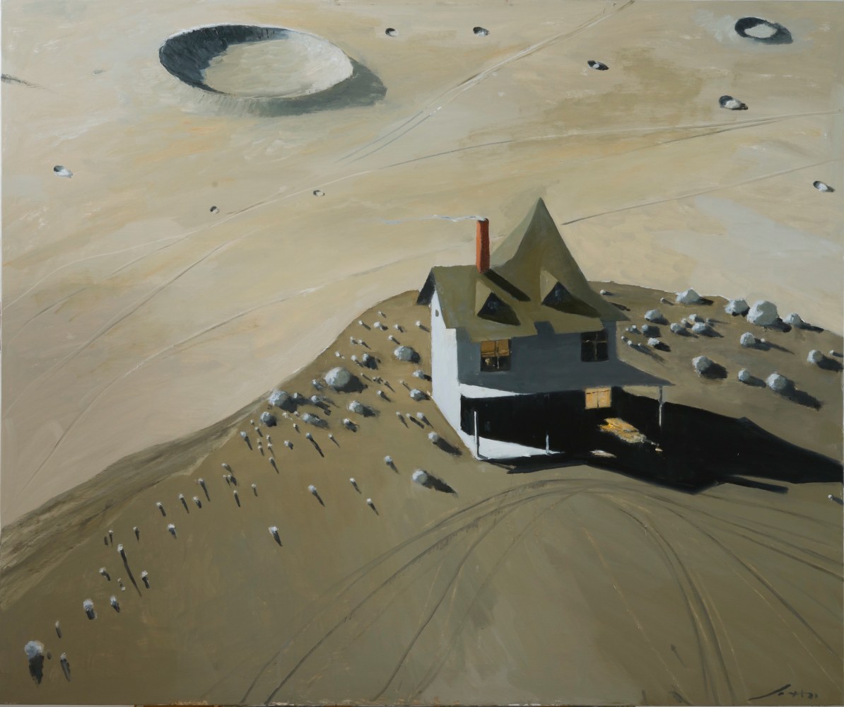 Painting of a house in an isolated area on the sand