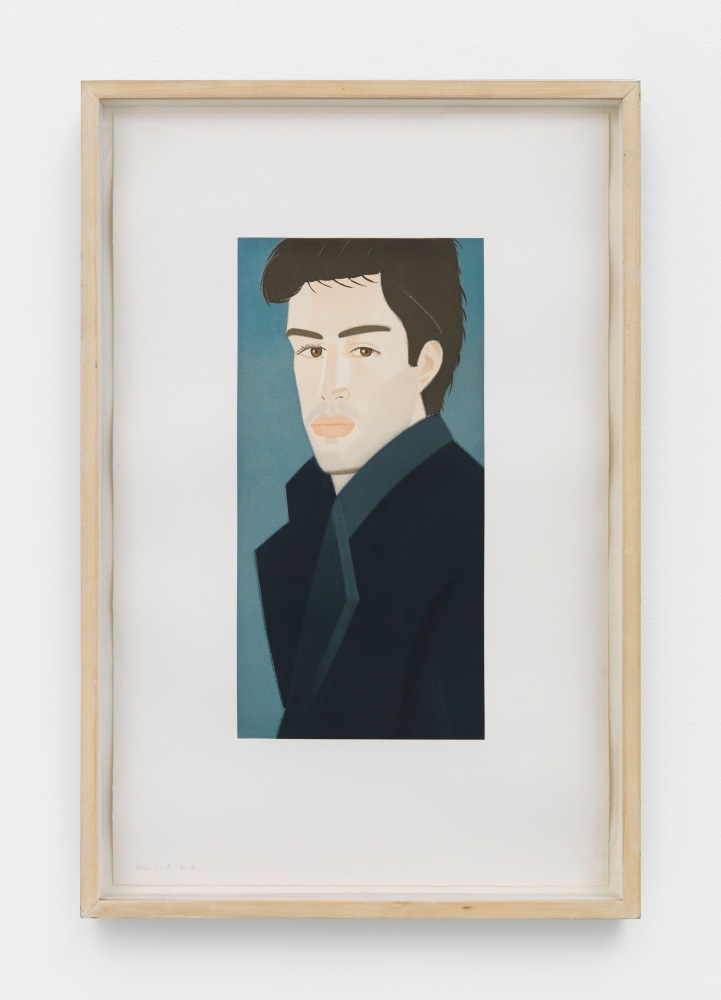 Framed color aquatint by Alex Katz of a portrait of a man with brown hair and wearing a blue coat against a blue background
