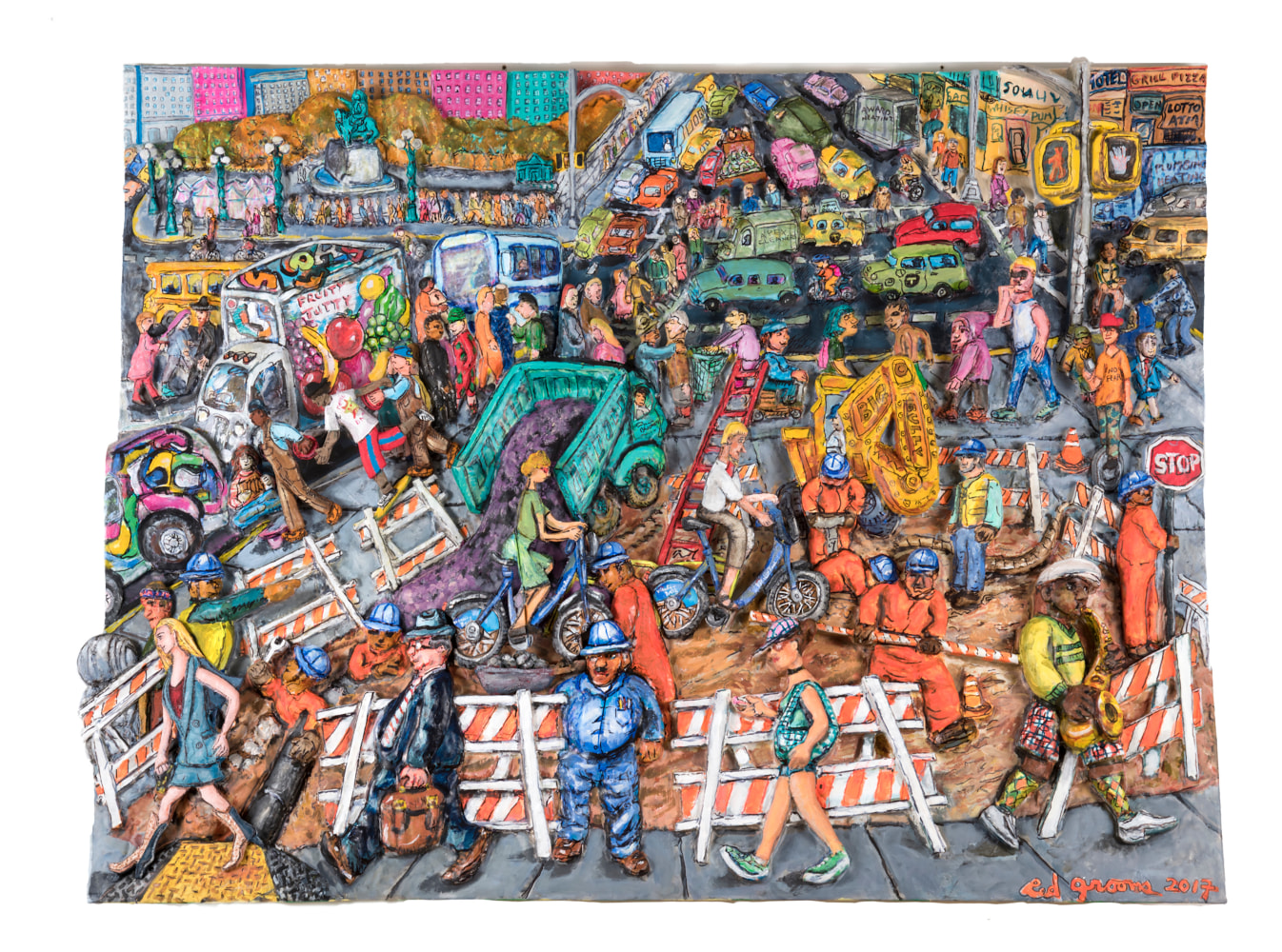 Colorful acrylic, ink, mixed media and epoxy mounted on wood work by Red Grooms featuring a bustling urban street scene with construction, people walking and car traffic