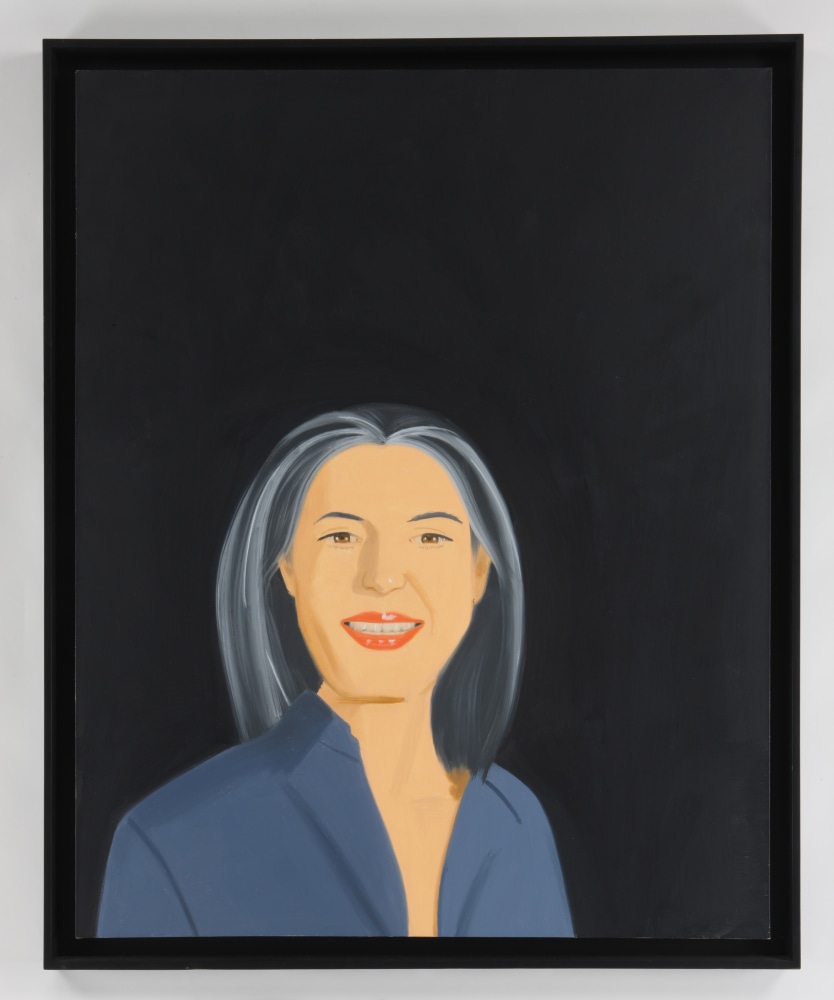 Oil on canvas painting by Alex Katz featuring a woman with gray hair against a black background