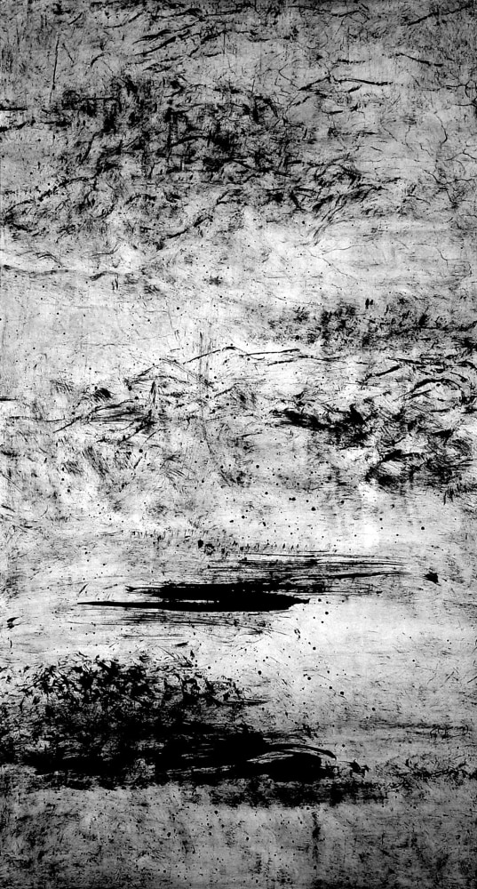 Lao Dan black and white landscape scene using ink on rice paper