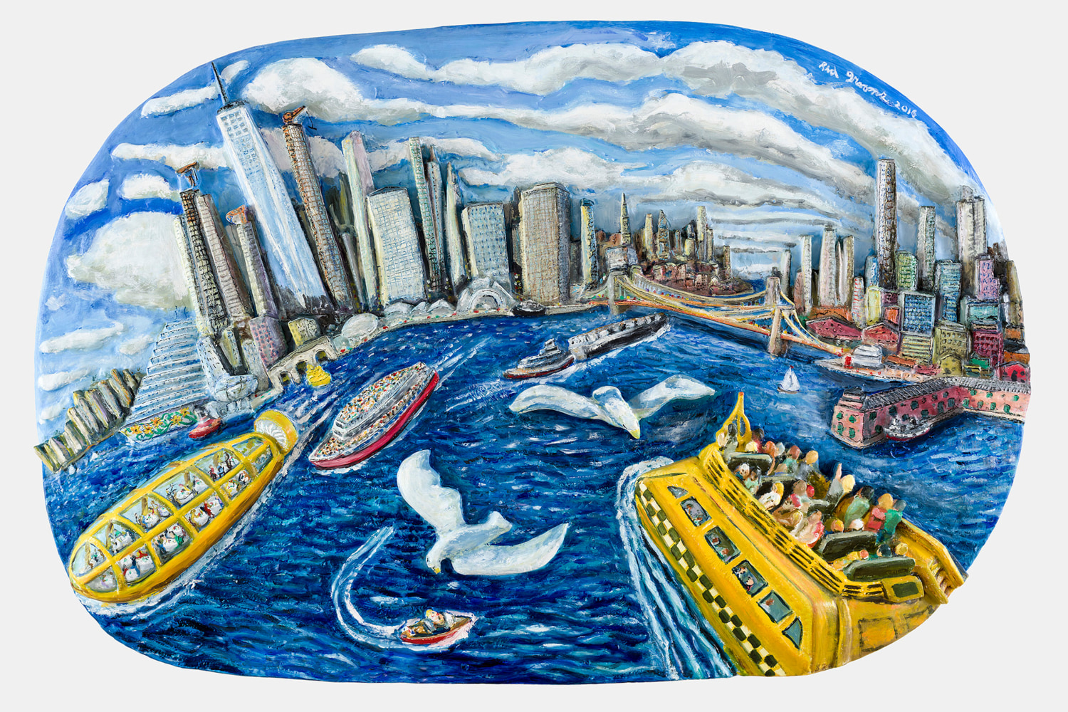Acrylic, ink and epoxy mounted on wood artwork by Red Grooms of the New York Harbor with people on yellow boats and seagulls flying