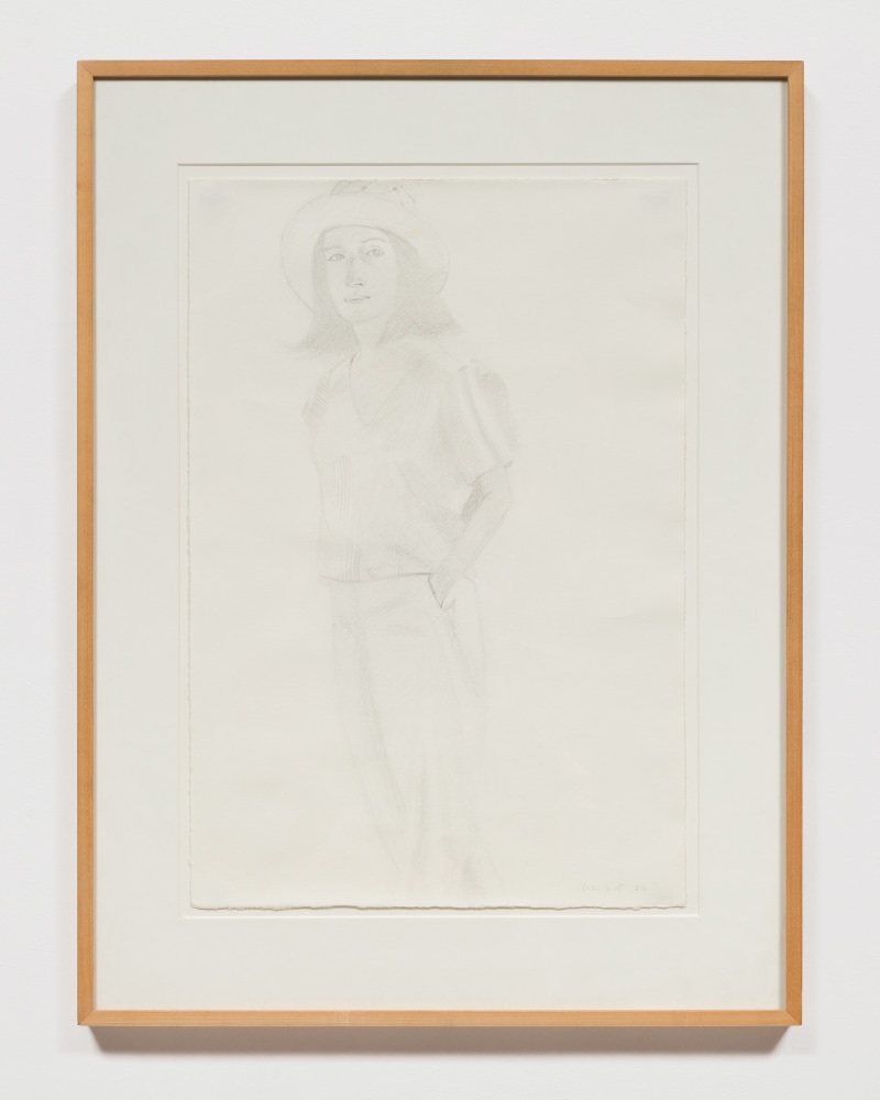 Graphite drawing of a woman wearing a hat and her hands in her pockets
