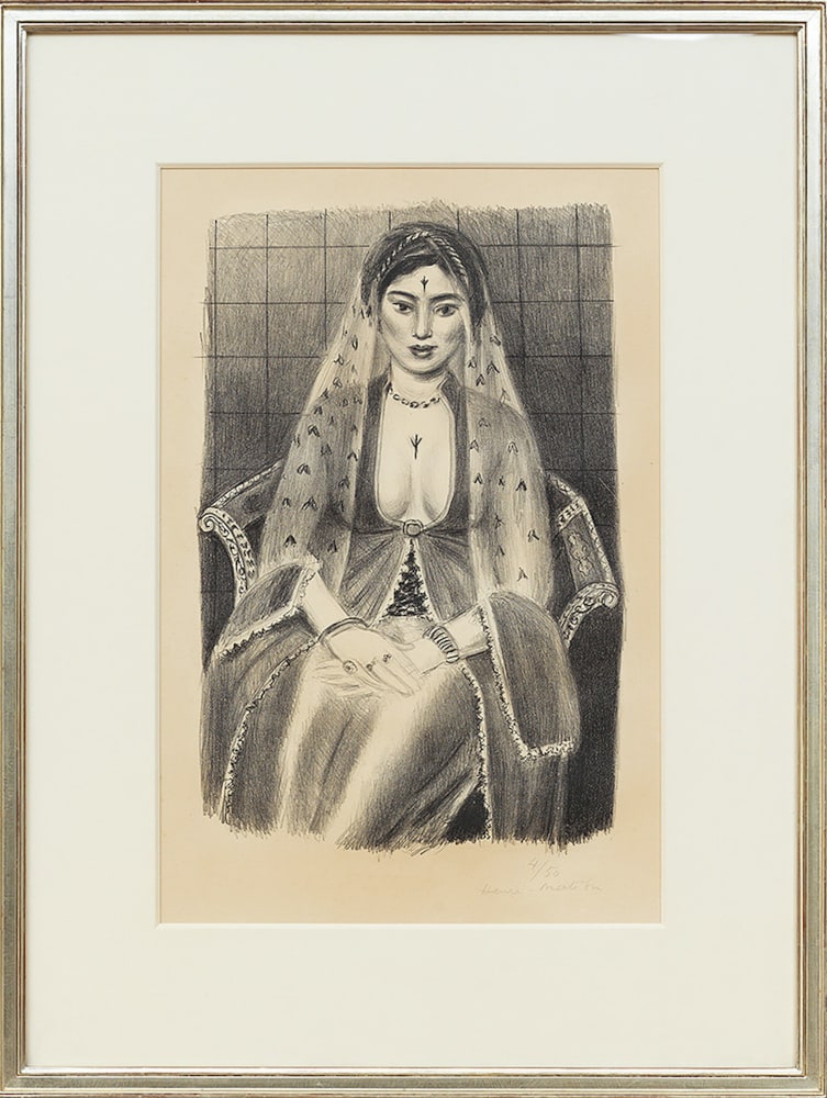 La Persane, 1929

lithograph on wove paper, signed in pencil and numbered from the edition of 50

image: 17 5/8 x 11 3/8 in. / 44.8 x 28.9 cm

sheet: 24 13/16 x 17 1/2 in. / 63 x 44.5 cm

Duthuit 507

Catalogue no. 60