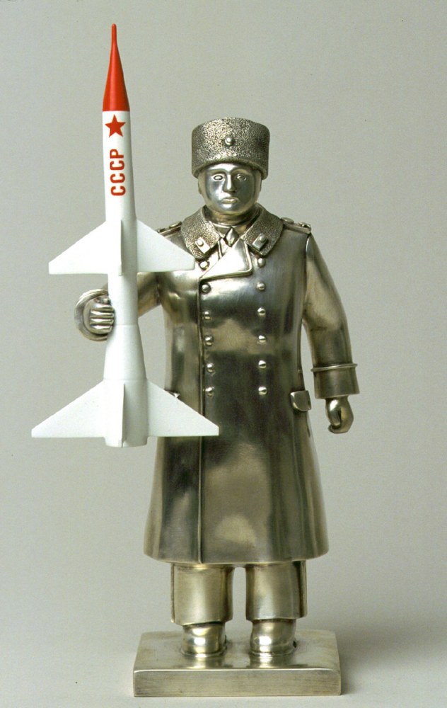 Stainless steel statue of an officer with a missile by Grisha Bruskin.