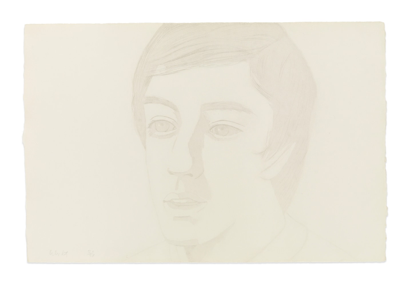 Drypoint portrait by Alex Katz featuring a faint 3/4 view of a man with his mouth slightly open