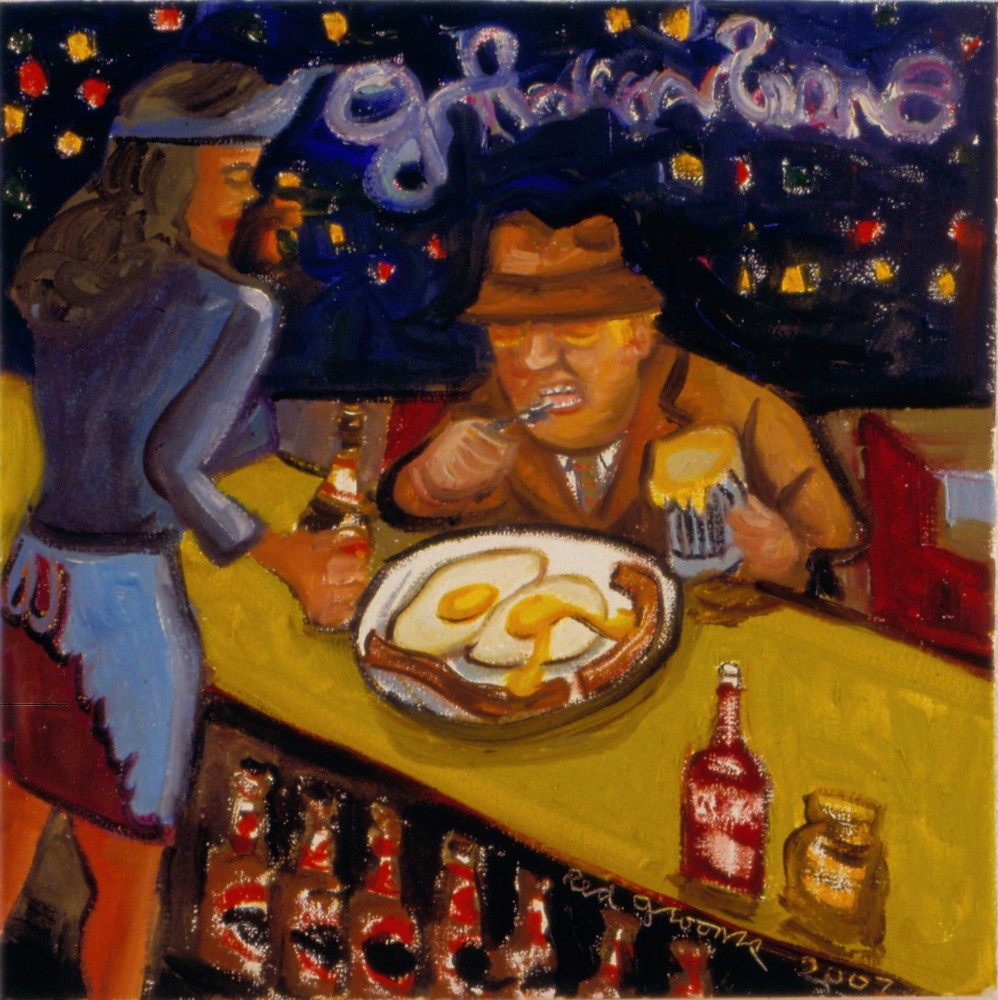 Painting of a man at a counter eating eggs and bacon while a waitress stands behind the counter