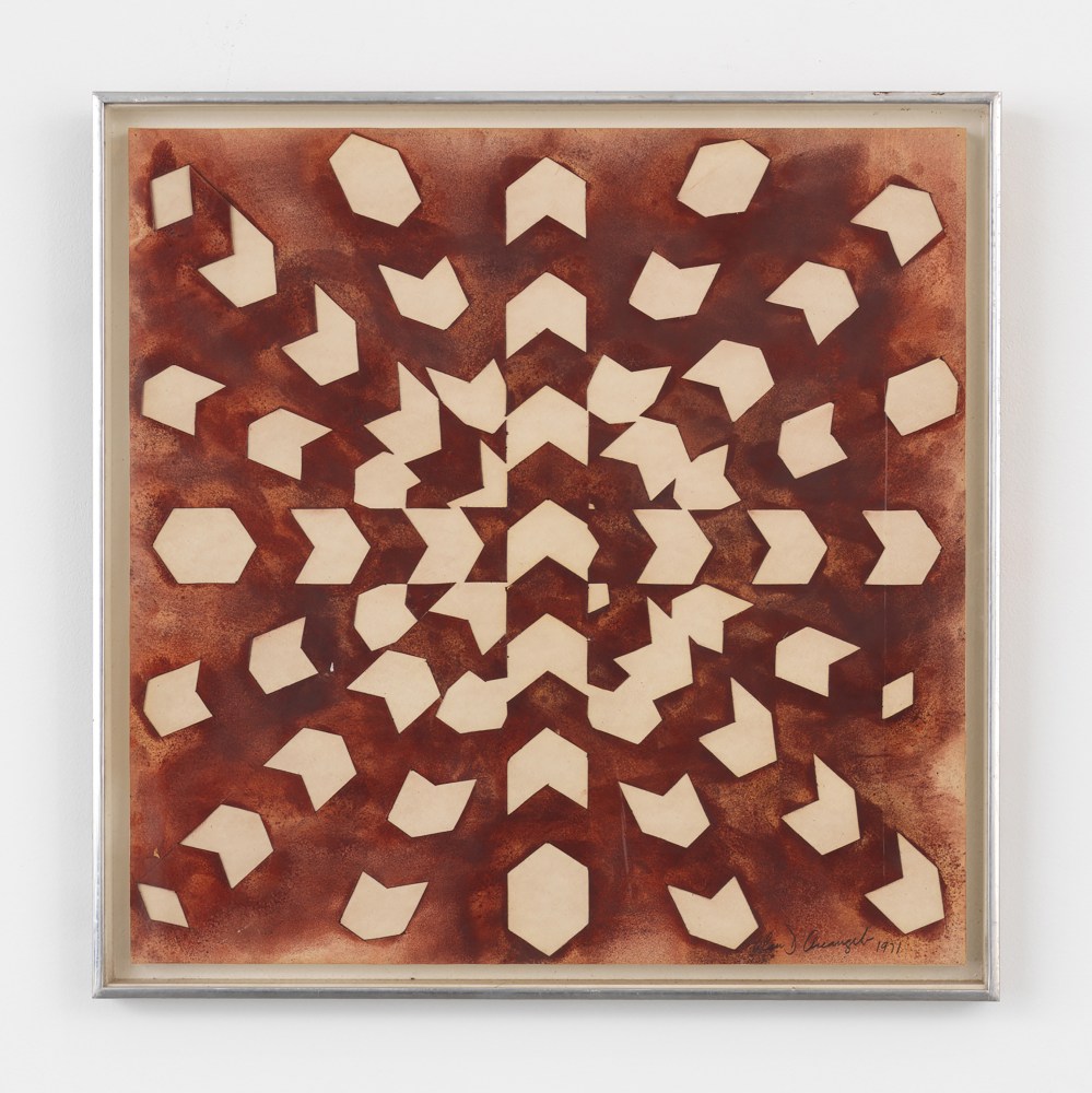 Framed acrylic on paper canvas featuring a sequence of shapes forming a three dimensional illusion over a red-brown background