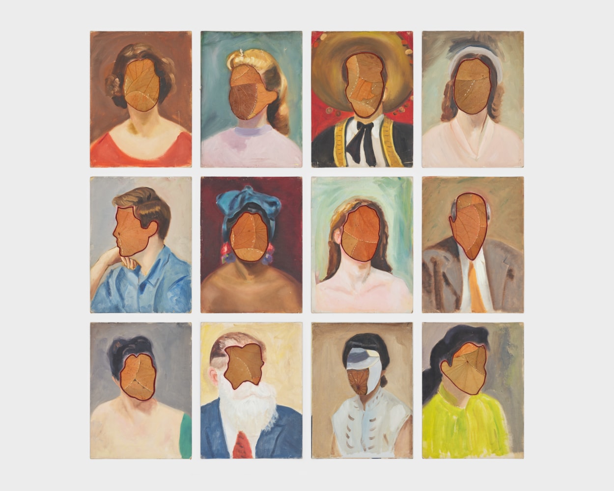 Tlacaxipehualiztli, 1998

found portraits with orchid leaf insertions

50 &amp;times;&amp;nbsp;51 in. / 127 &amp;times;&amp;nbsp;129.5 cm