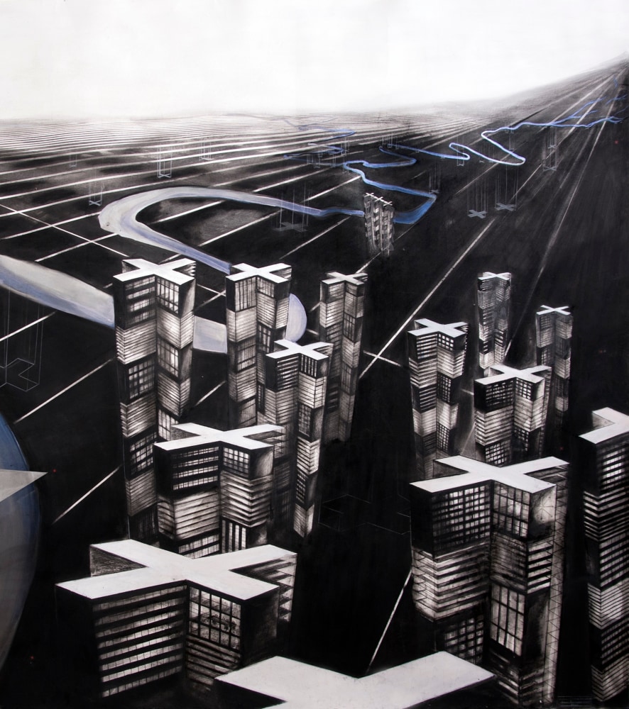 Abstract painting of skyscrapers by Yulia Pinkusevich
