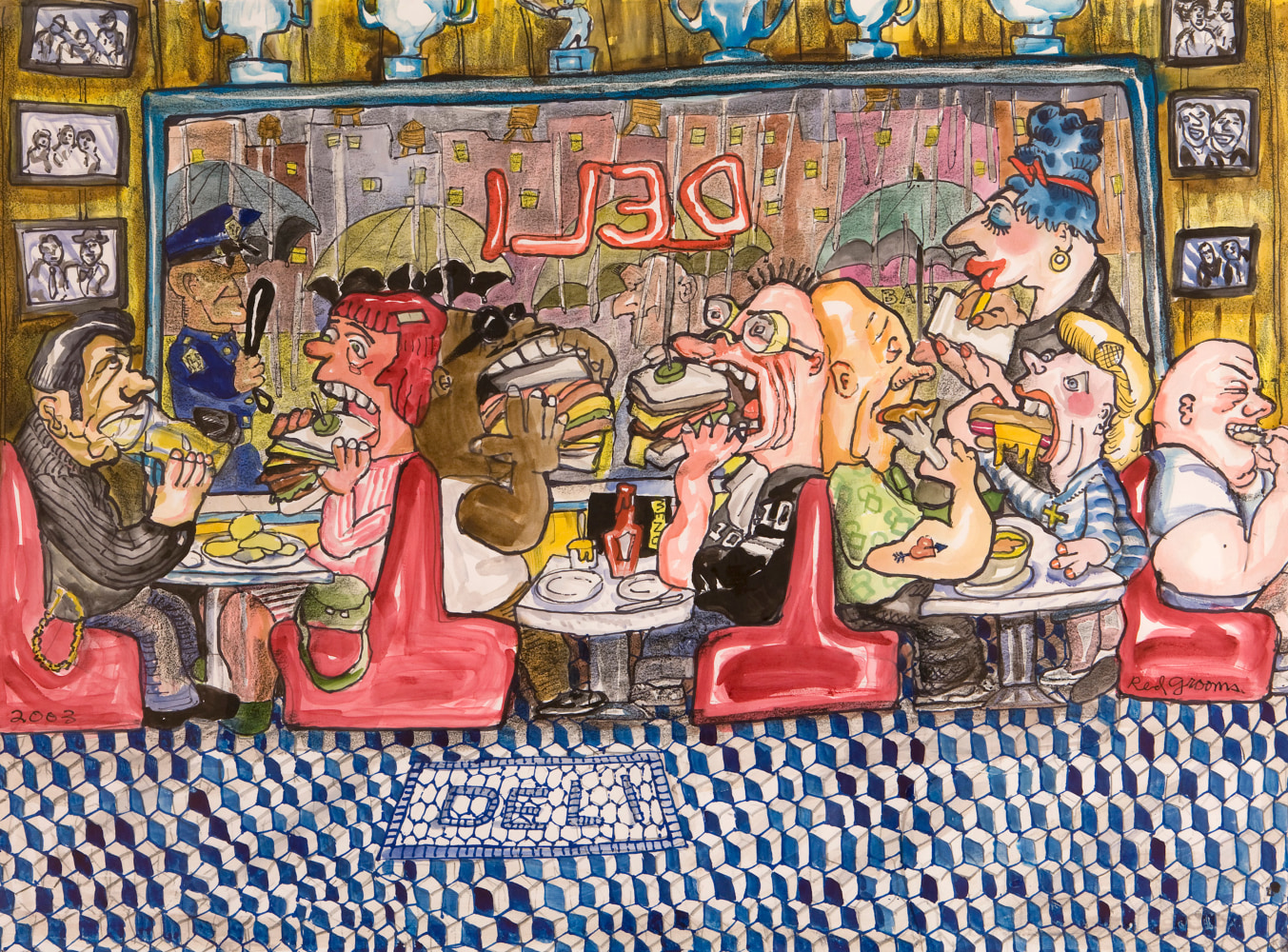 An artwork by Red Grooms depicting exaggerated depictions of customers eating sandwiches at a deli.