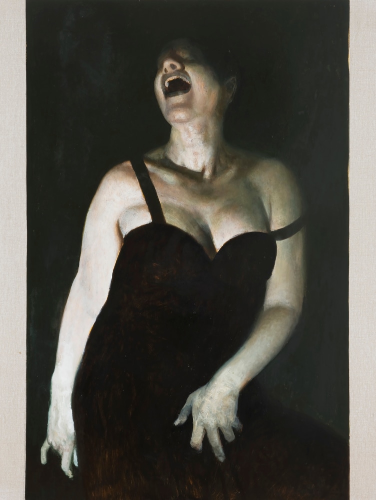 Oil painting of a laughing woman in a black dress by Vincent Desiderio.