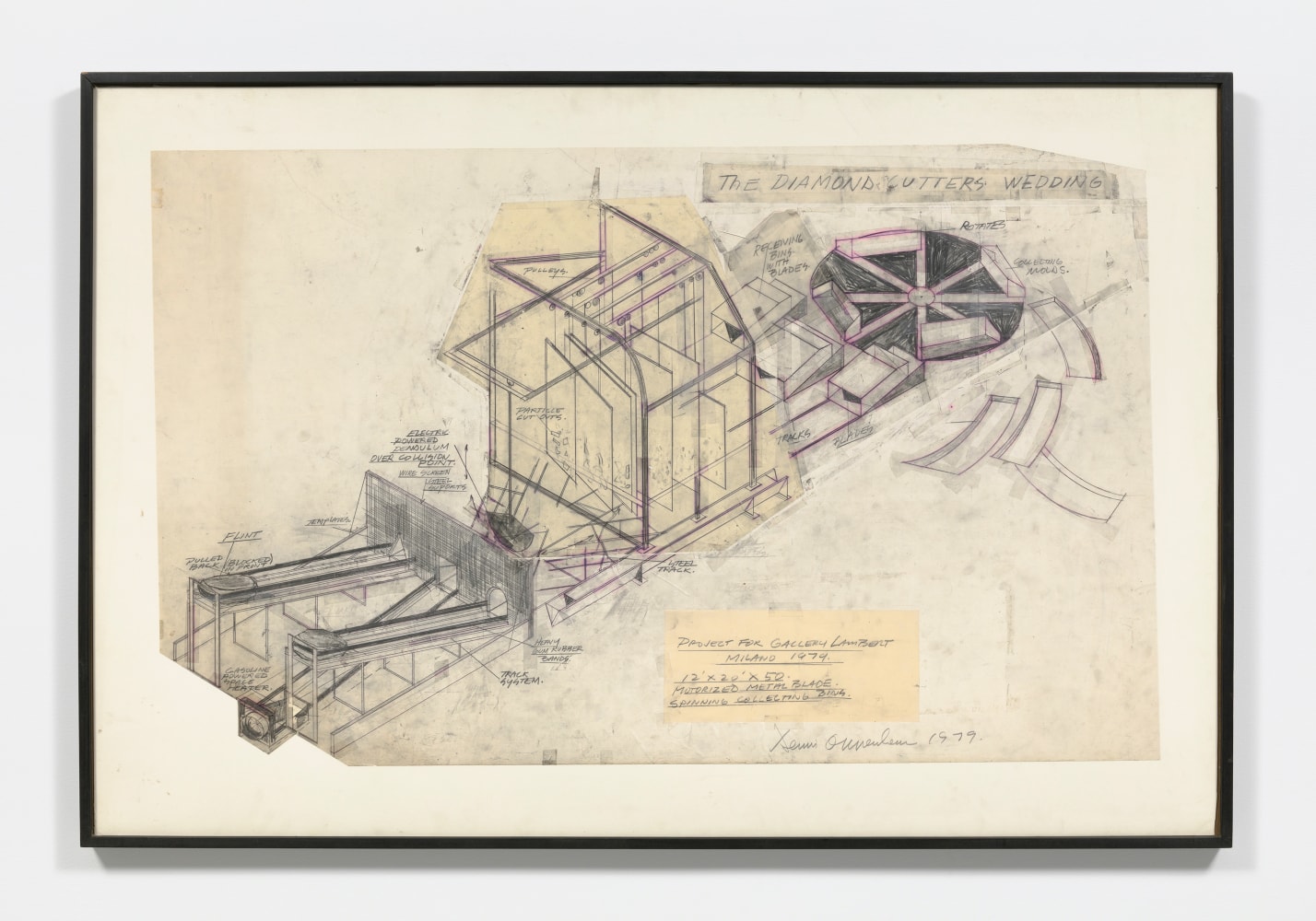 Dennis Oppenheim pencil sketch of the inner workings of a diamond cutter with highlights of pink.