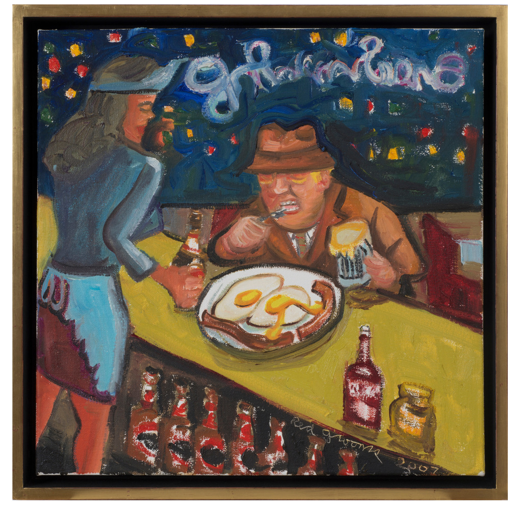 Framed oil on canvas artwork by Red Grooms featuring a man in a brown suit and hat eating eggs and bacon in a diner at night and being served by a waitress dressed in blue