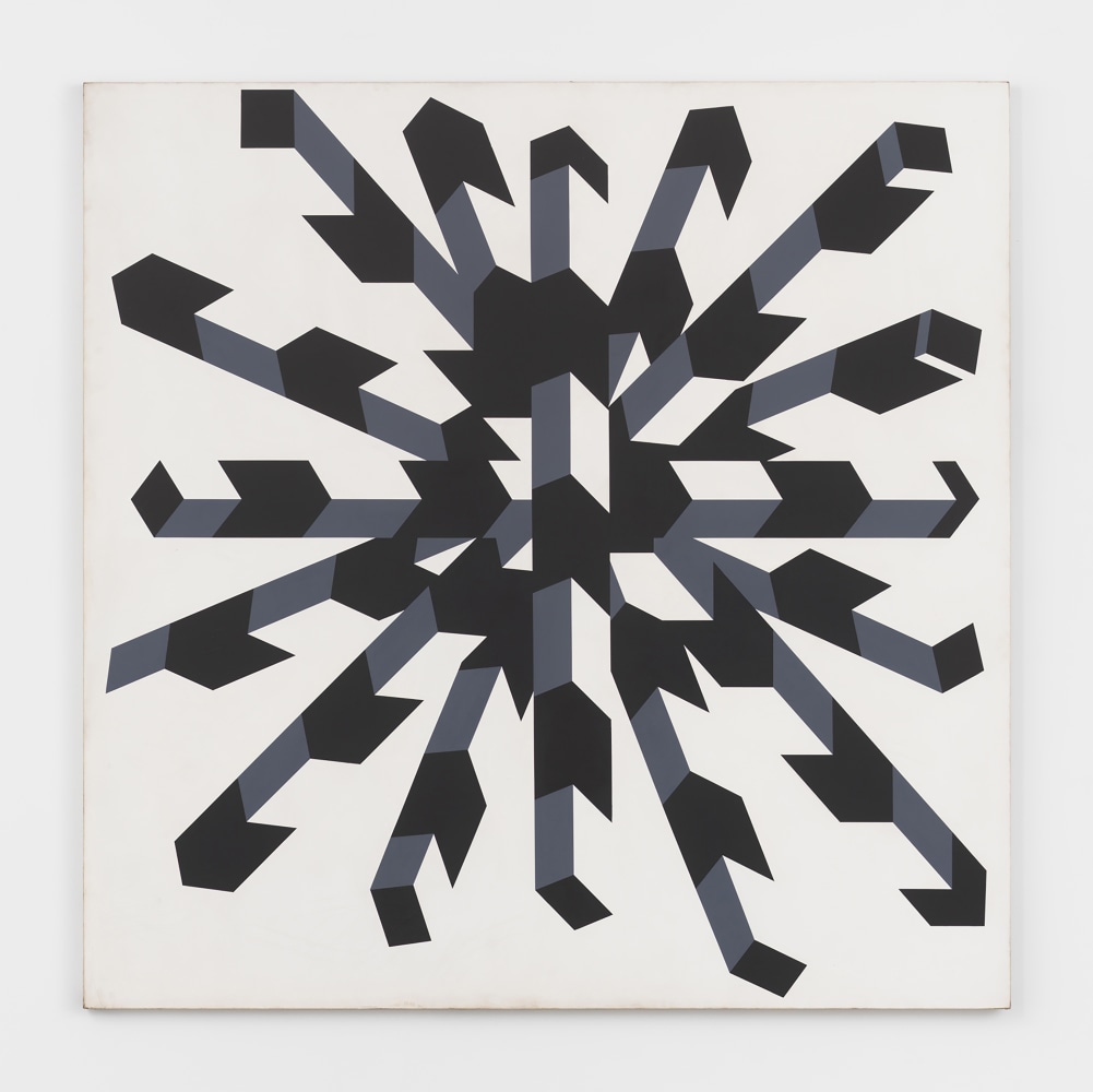Acrylic on canvas painting by Allan D'Arcangelo featuring a three dimensional illusion of a black, white, and gray configuration