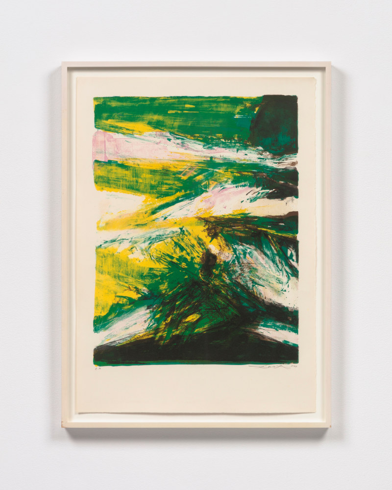 A colorful and gestural lithograph by Zao Wou-Ki featuring greens, yellows, and pinks