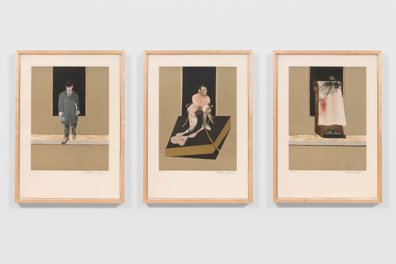 Francis Bacon
Triptych 1986-1987, 1988

a set of 3 etchings and aquatints on Arches paper,&amp;nbsp;ed. of 99 + 15 AP

plate: each 25 3/4 x 19 1/4 in. / 65.4 x 48.9 cm

sheet: each 35 3/8 x 24 3/4 in. / 89.9 x 62.9 cm