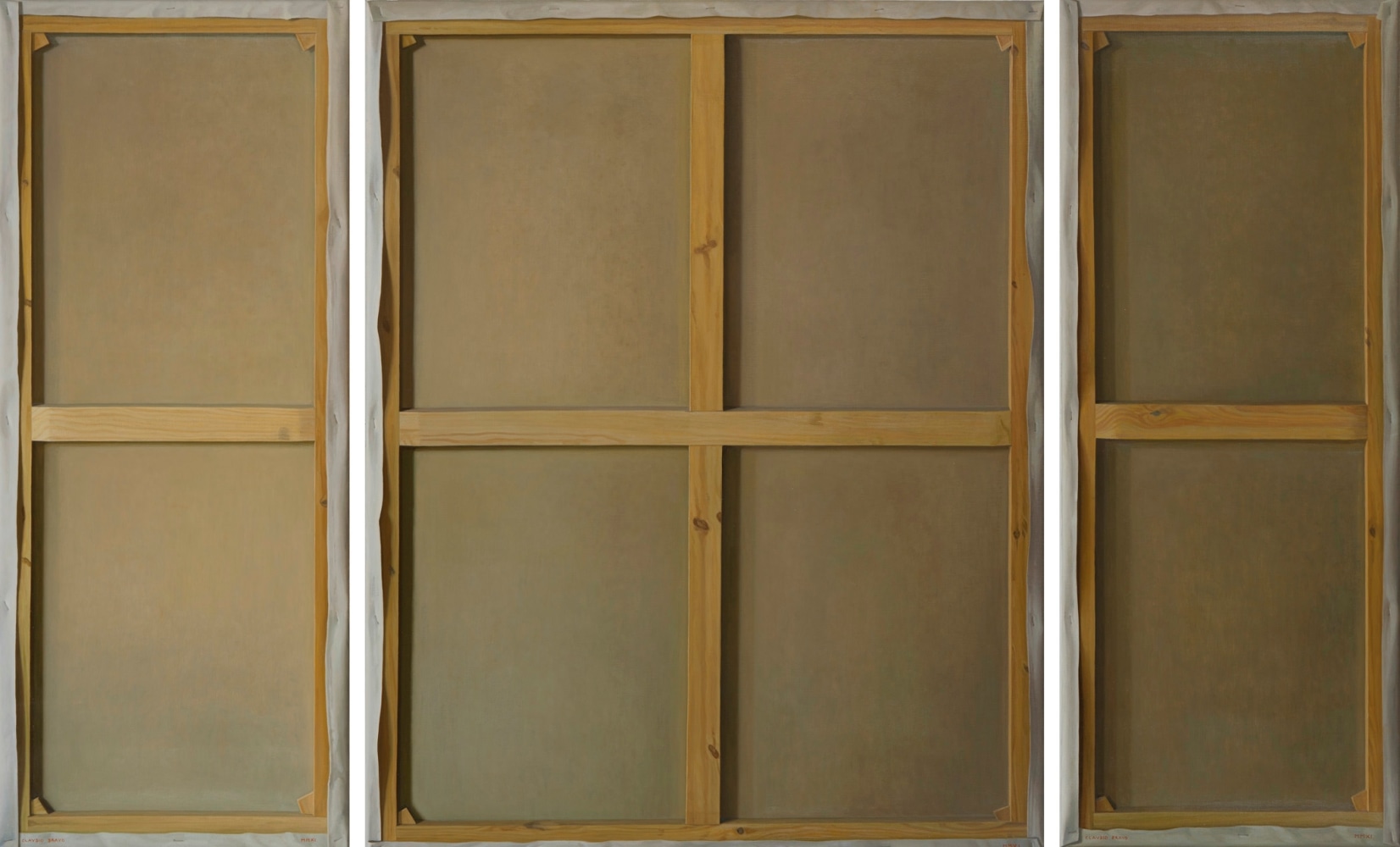 Claudio Bravo

Tr&amp;iacute;ptico / Triptych, 2011&amp;nbsp;&amp;nbsp;
oil on canvas
side panels: 59 x 23 5/8 in./150 x 60 cm
center panel: 59 x 47 1/4 in. / 150 x 120 cm

overall: 59 x 94 1/2 in. /&amp;nbsp;150&amp;nbsp;x 240 cm