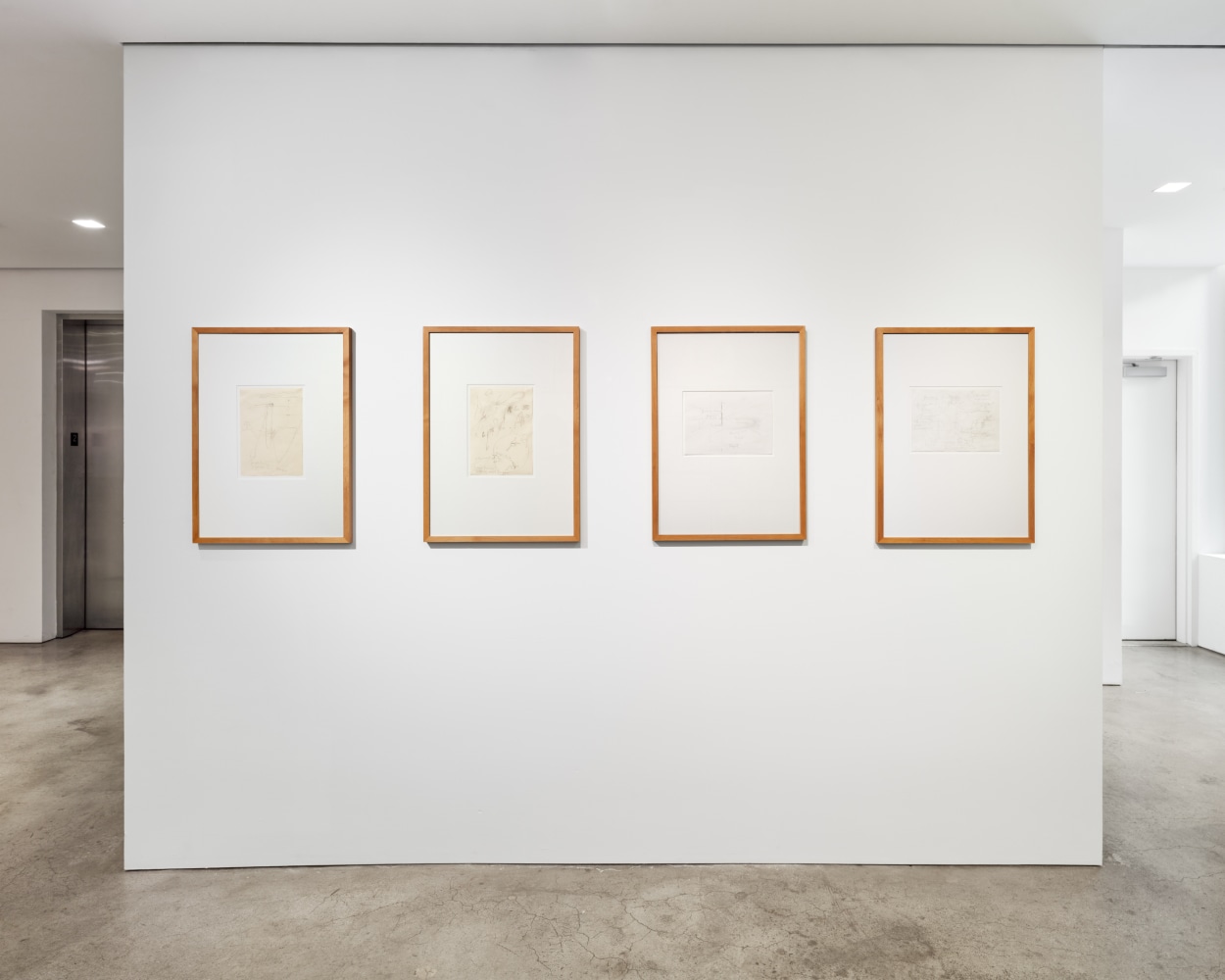 Installation view of &quot;Schema World as Diagram&quot; featuring four drawings displayed on a white wall.