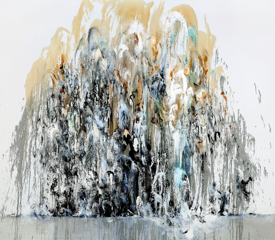 Painting by Maggi Hambling featuring dripping swirls of blue, white, and yellow paint