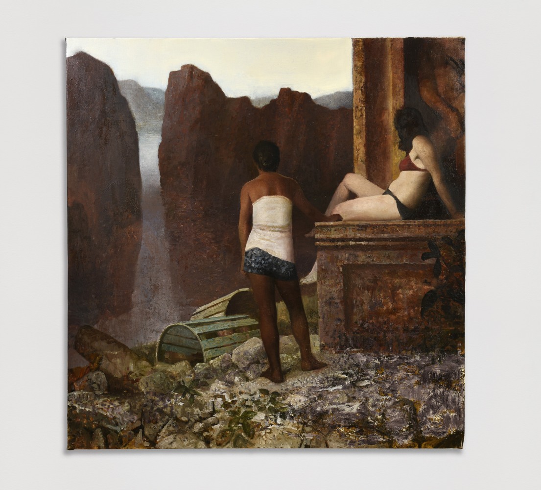 Oil painting of two figures looking down upon a precipice.